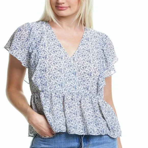 Madewell Ruffle Sleeve Georgette Peplum Top Floral Vintage Parchment XXS NWT - Picture 1 of 12